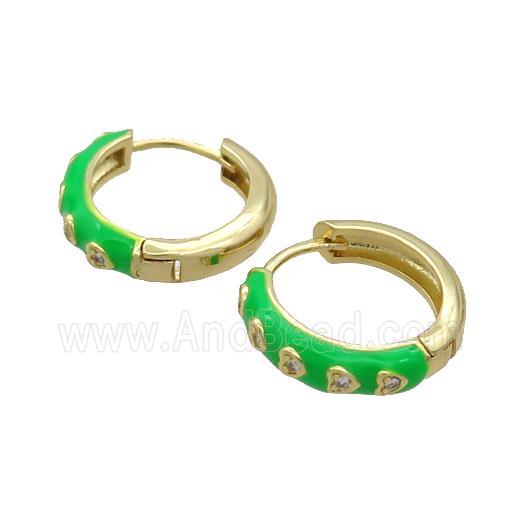 Copper Hoop Earring Green Enamel Heart Gold Plated