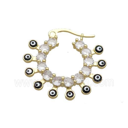 Copper Latchback Earring Pave Crystal Glass Black Enamel Evil Eye Gold Plated