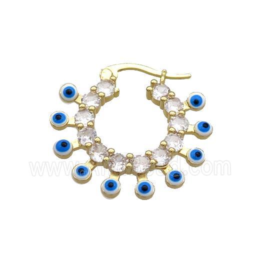 Copper Latchback Earring Pave Crystal Glass White Enamel Evil Eye Gold Plated