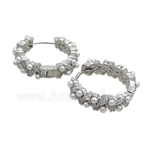 Copper Hoop Earring Pave Zircon Pearlized Glass Platinum Plated