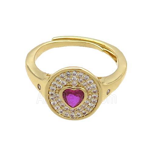 Copper Ring Pave Zircon Circle Hotpink Heart Adjustable Gold Plated