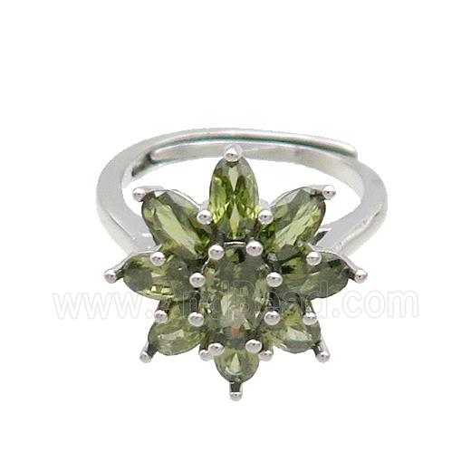 Copper Ring Pave Olive Crystal Glass Flower Adjustable Platinum Plated