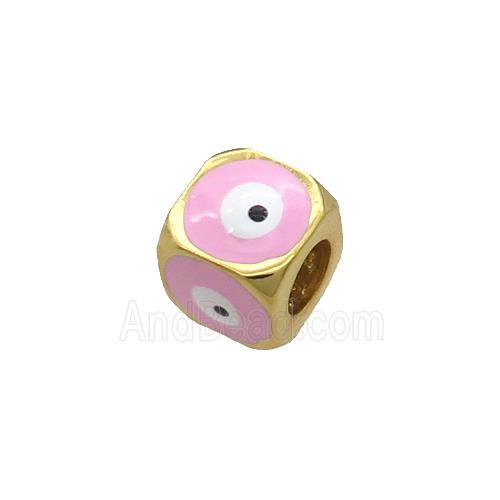 Copper Cube Beads Pink Enamel Evil Eye Large Hole Gold Plated