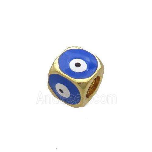 Copper Cube Beads Blue Enamel Evil Eye Large Hole Gold Plated