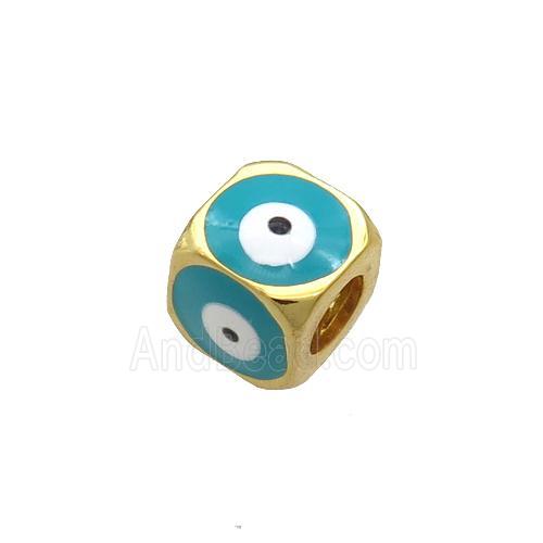 Copper Cube Beads Teal Enamel Evil Eye Large Hole Gold Plated