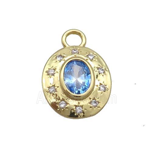 Copper Oval Pendant Pave Zircon Blue Crystal Glass Gold Plated
