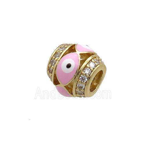 Copper Barrel Beads Pave Zircon Pink Enamel Evil Eye Large Hole Gold Plated