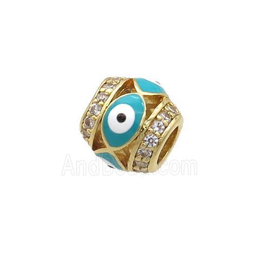 Copper Barrel Beads Pave Zircon Teal Enamel Evil Eye Large Hole Gold Plated