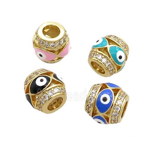 Copper Barrel Beads Pave Zircon Enamel Evil Eye Large Hole Gold Plated Mixed