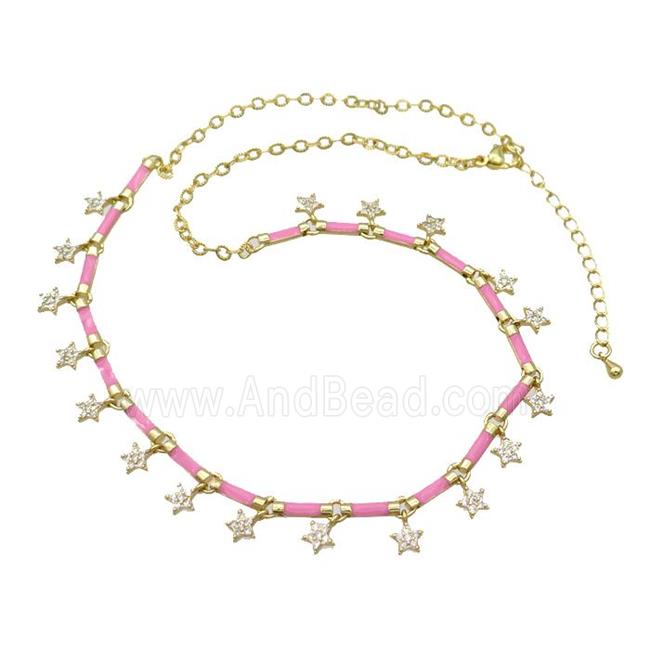 Copper Necklace Pave Zircon Pink Enamel Gold Plated