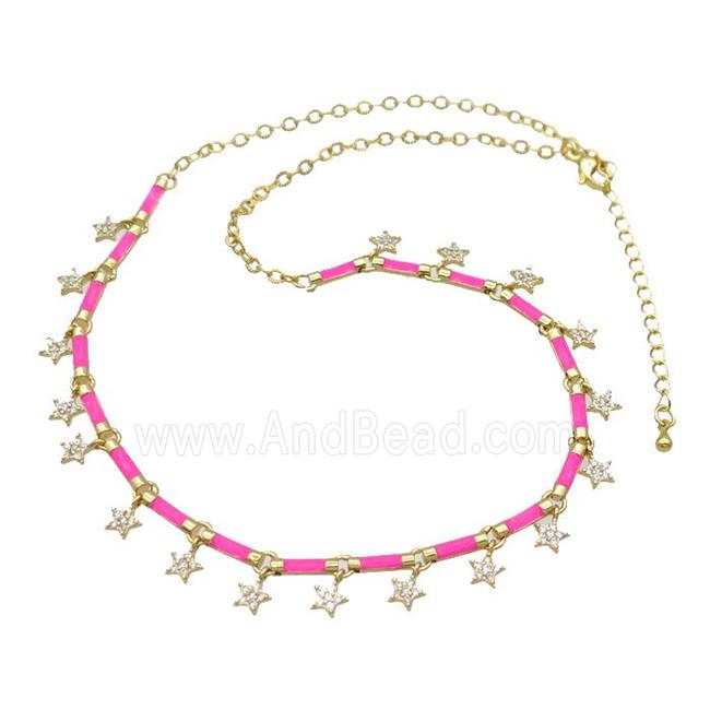 Copper Necklace Pave Zircon Hotpink Enamel Gold Plated