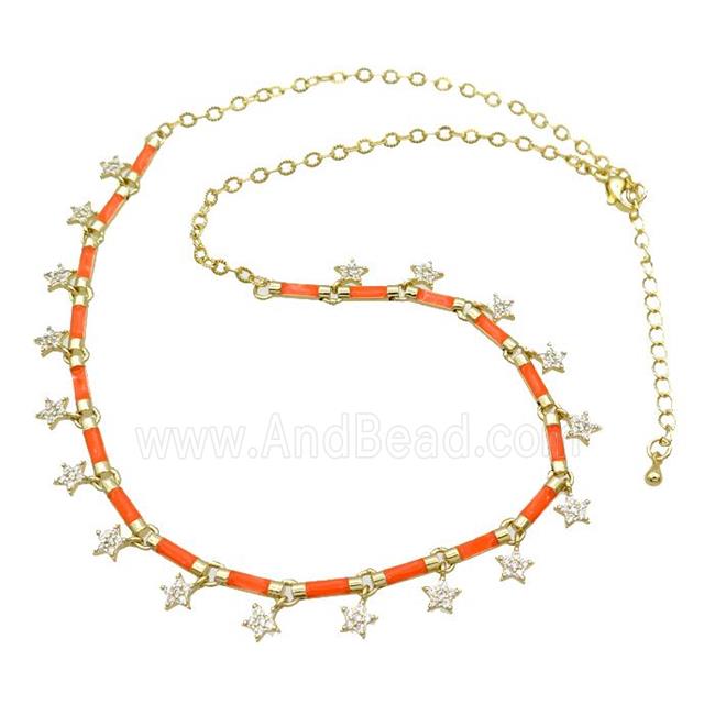 Copper Necklace Pave Zircon Orange Enamel Gold Plated