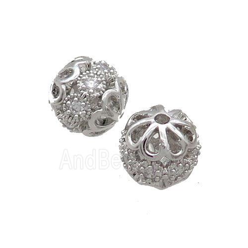 Round Copper Beads Pave Zircon Platinum Plated