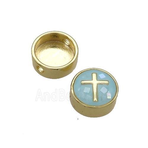Copper Button Beads Pave Shell Aqua Cross Gold Plated