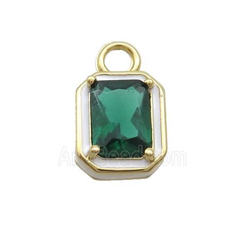 Copper Rectangle Pendant Pave Green Crystal Glass White Enamel Gold Plated