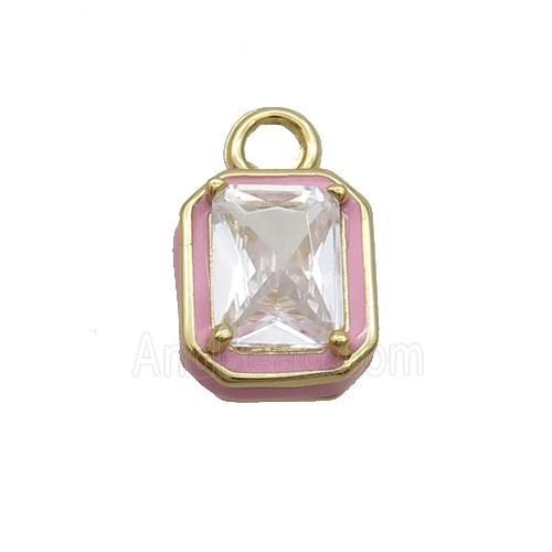 Copper Rectangle Pendant Pave Clear Crystal Glass Pink Enamel Gold Plated