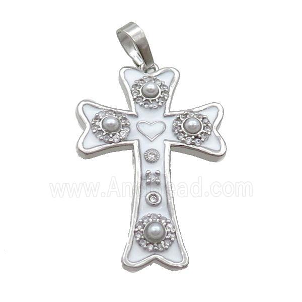 Copper Cross Pendant Pave Zircon White Enamel Platinum Plated