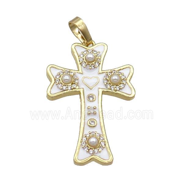 Copper Cross Pendant Pave Zircon White Enamel Gold Plated