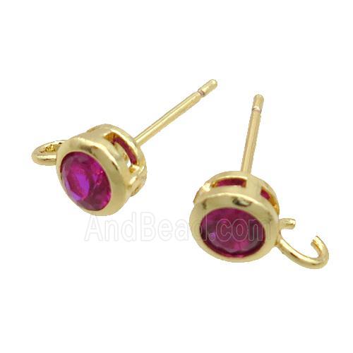 Copper Stud Earring Pave Hotpink Crystal Glass Gold Plated