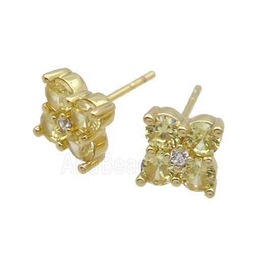 Copper Stud Earring Pave Yellow Crystal Glass Flower Gold Plated