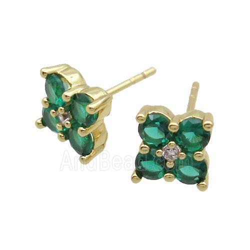 Copper Stud Earring Pave Green Crystal Glass Flower Gold Plated