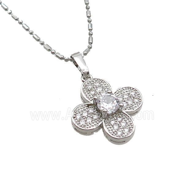 Copper Necklace With Clover Pave Zircon Platinum Plated