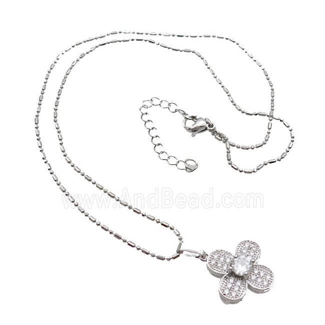Copper Necklace With Clover Pave Zircon Platinum Plated