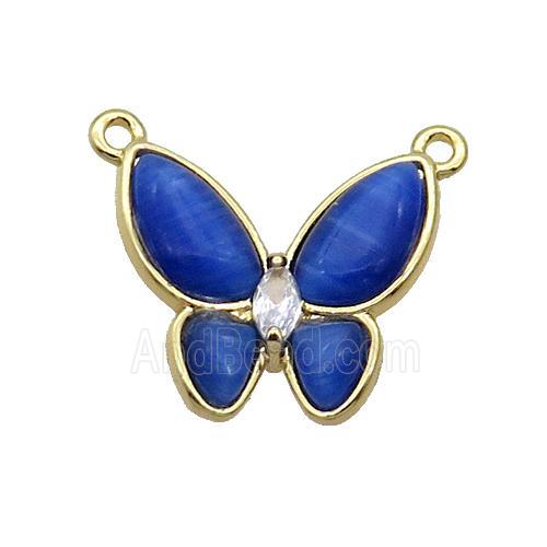 Copper Butterfly Pendant Pave Blue Catseye 2loops Gold Plated