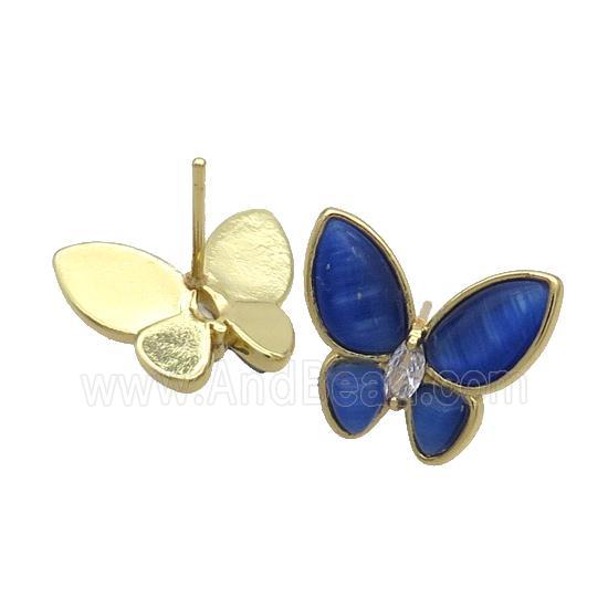 Copper Butterfly Stud Earring Pave Blue Catseye Gold Plated