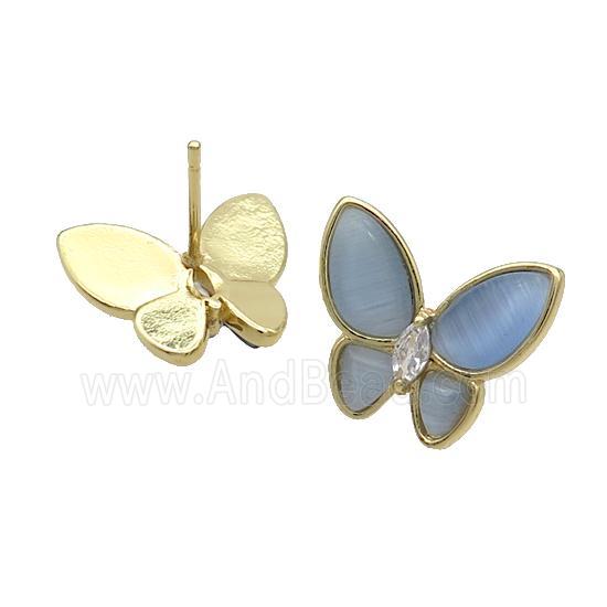 Copper Butterfly Stud Earring Pave Blue Catseye Gold Plated