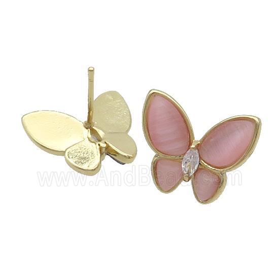 Copper Butterfly Stud Earring Pave Pink Catseye Gold Plated