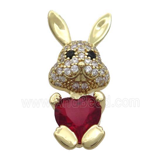 Copper Rabbit Pendant Pave Zircon DeepRed Crystal Gold Plated