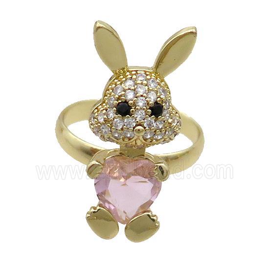 Copper Rabbit Ring Pave Zircon Pink Crystal Adjustable Gold Plated
