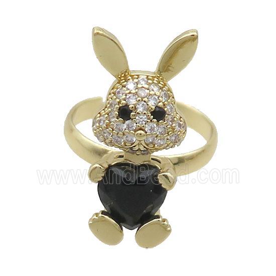 Copper Rabbit Ring Pave Zircon Black Crystal Adjustable Gold Plated