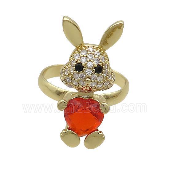 Copper Rabbit Ring Pave Zircon Red Crystal Adjustable Gold Plated