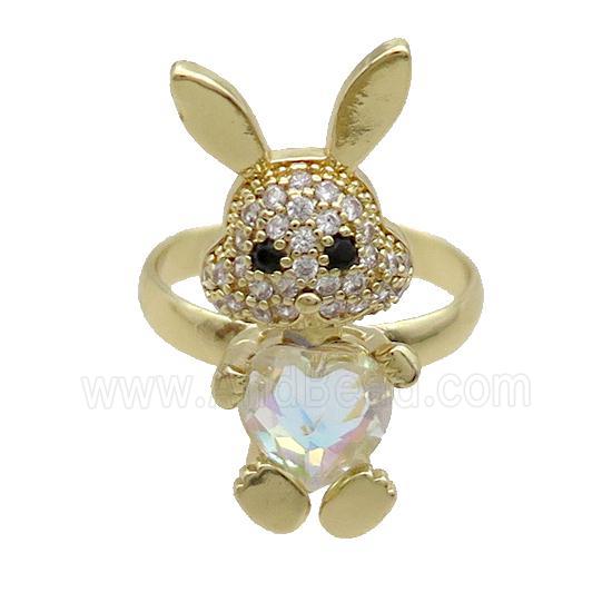 Copper Rabbit Ring Pave Zircon White Crystal Adjustable Gold Plated