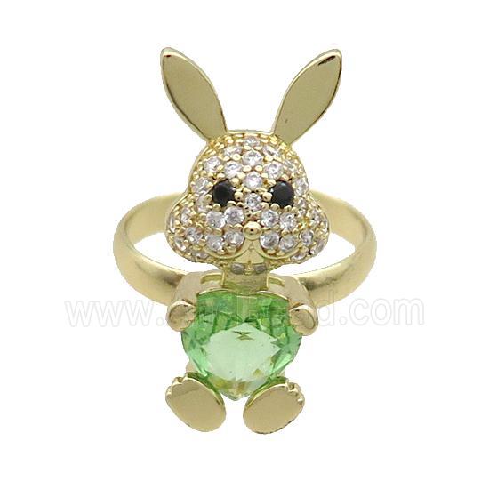 Copper Rabbit Ring Pave Zircon Green Crystal Adjustable Gold Plated