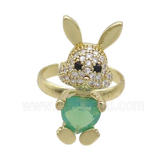 Copper Rabbit Ring Pave Zircon Green Crystal Adjustable Gold Plated