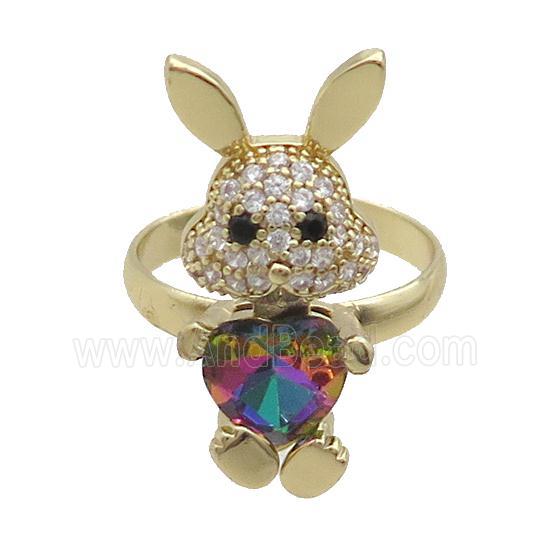 Copper Rabbit Ring Pave Zircon Rainbow Crystal Adjustable Gold Plated