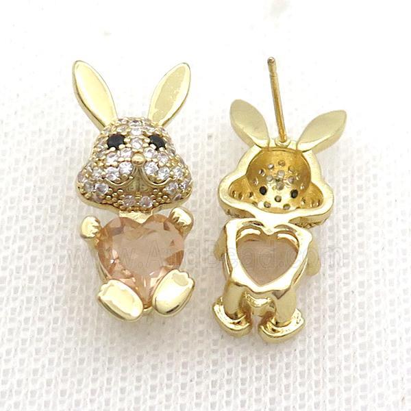 Copper Rabbit Stud Earring Pave Zircon Champagne Crystal Gold Plated