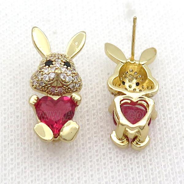 Copper Rabbit Stud Earring Pave Zircon Red Crystal Gold Plated