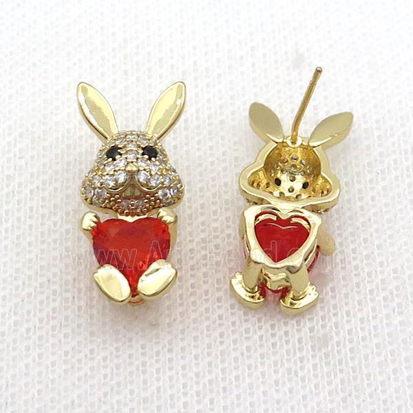 Copper Rabbit Stud Earring Pave Zircon Red Crystal Gold Plated