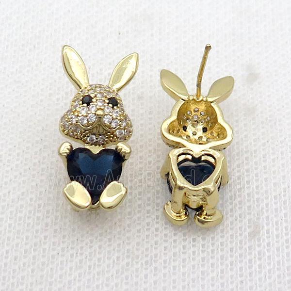Copper Rabbit Stud Earring Pave Zircon Darkblue Crystal Gold Plated