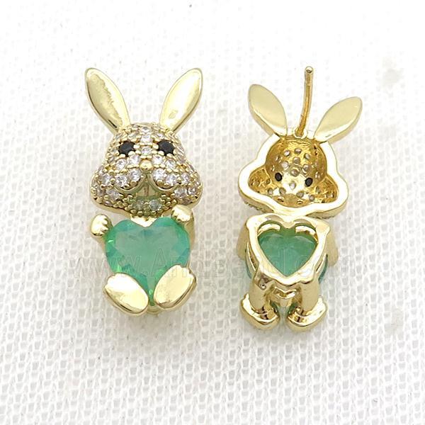 Copper Rabbit Stud Earring Pave Zircon Green Crystal Gold Plated