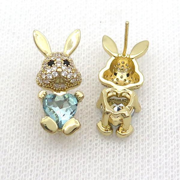 Copper Rabbit Stud Earring Pave Zircon Blue Crystal Gold Plated
