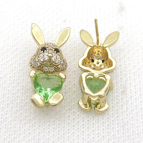Copper Rabbit Stud Earring Pave Zircon Green Crystal Gold Plated