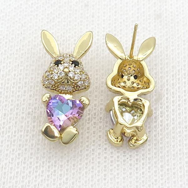 Copper Rabbit Stud Earring Pave Zircon Purple Crystal Gold Plated
