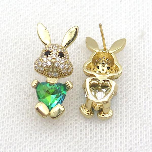Copper Rabbit Stud Earring Pave Zircon Green Crystal Gold Plated