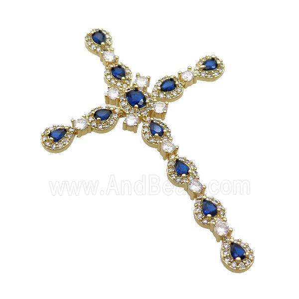 Copper Cross Pendant Pave Blue Crystal Glass Gold Plated