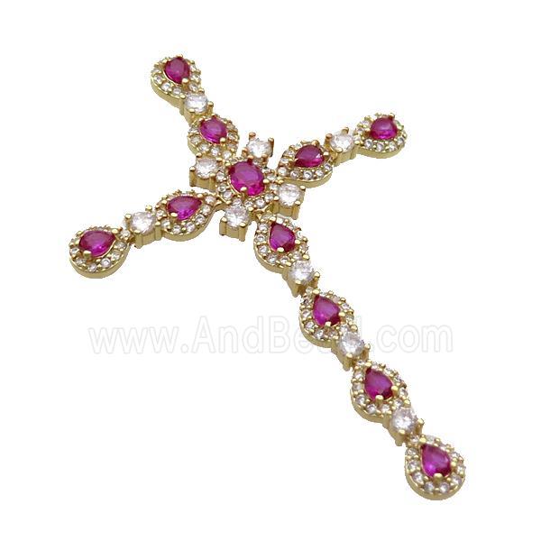 Copper Cross Pendant Pave Hotpink Crystal Glass Gold Plated
